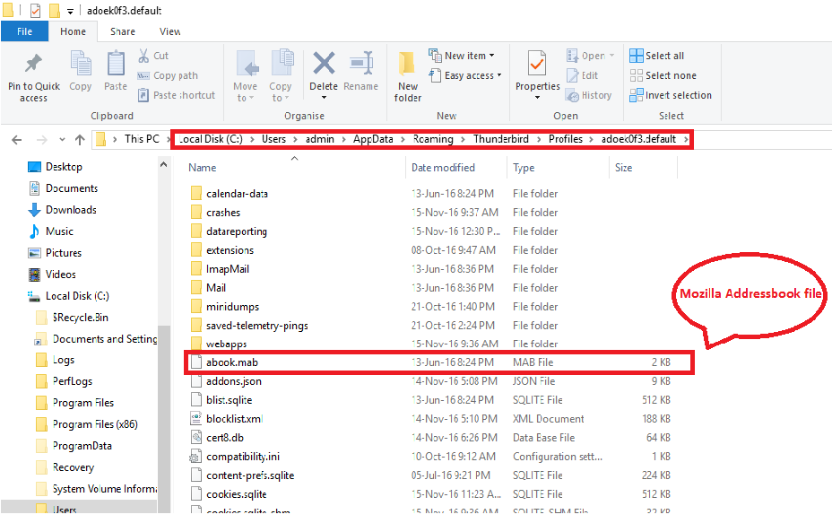 Mozilla Thunderbird Address Book file Location